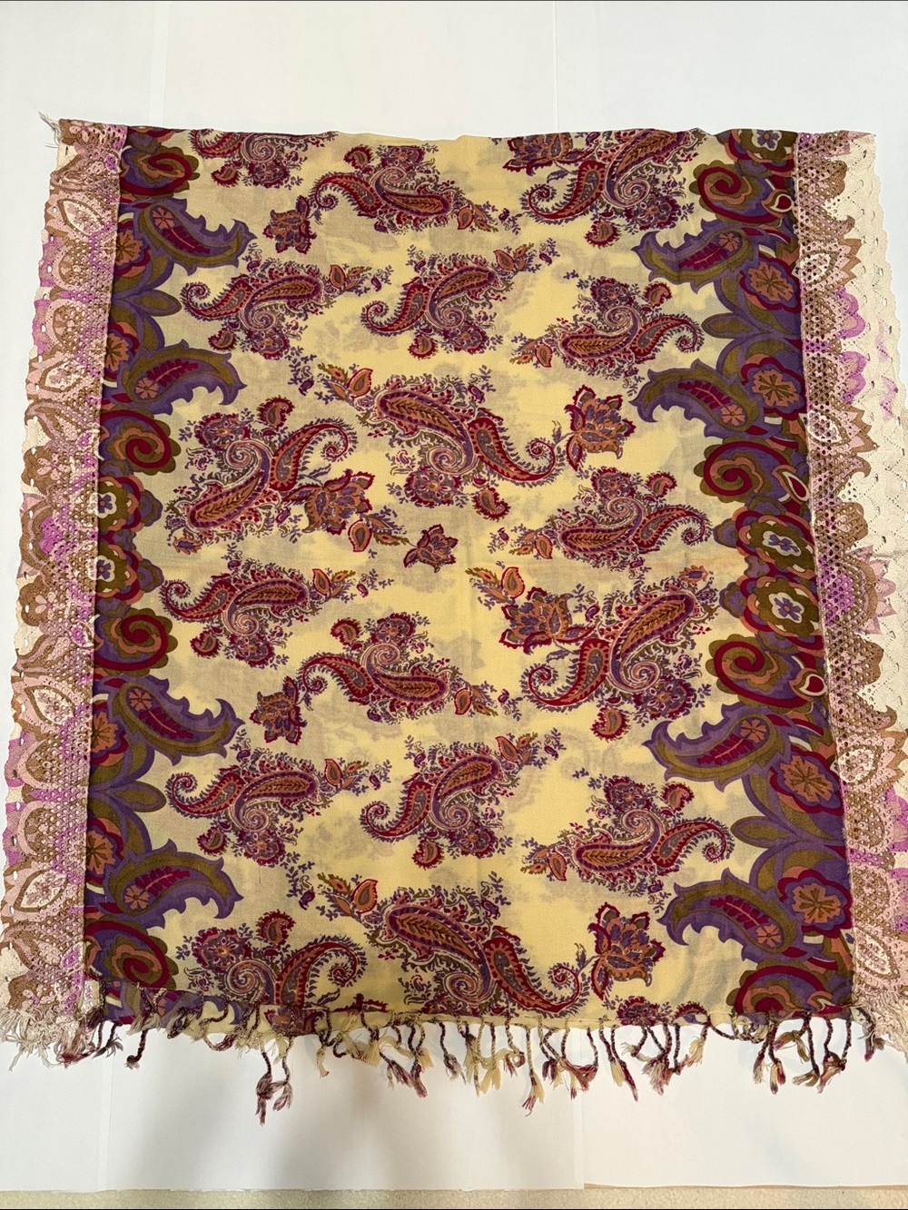 Paisley Fringe Scarf - Multicolor Off-white Pink, Purple 40”x80”